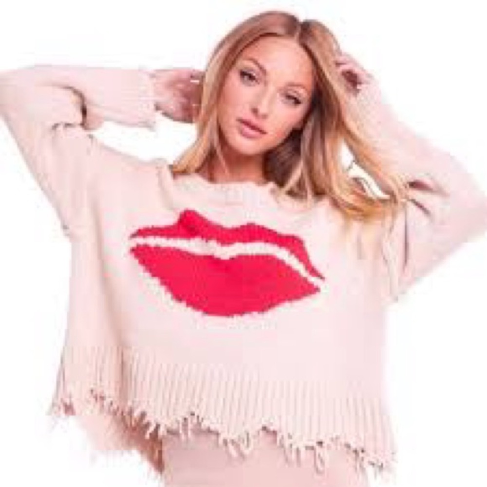 Wildfox Pink Distressed Sweater with Red Lip Graphic